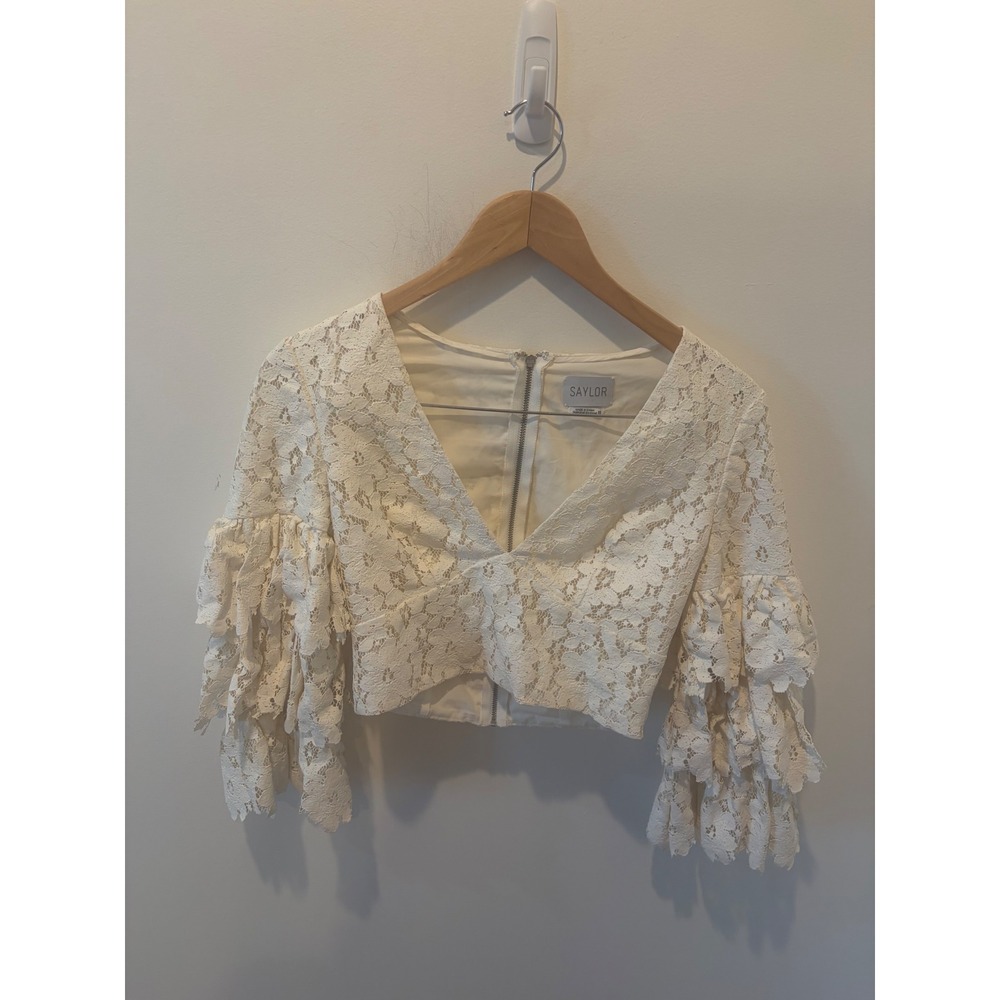 Saylor Ivory Floral Lace V-Neck Crop Top Tiered Ruffle Statement Sleeve XS